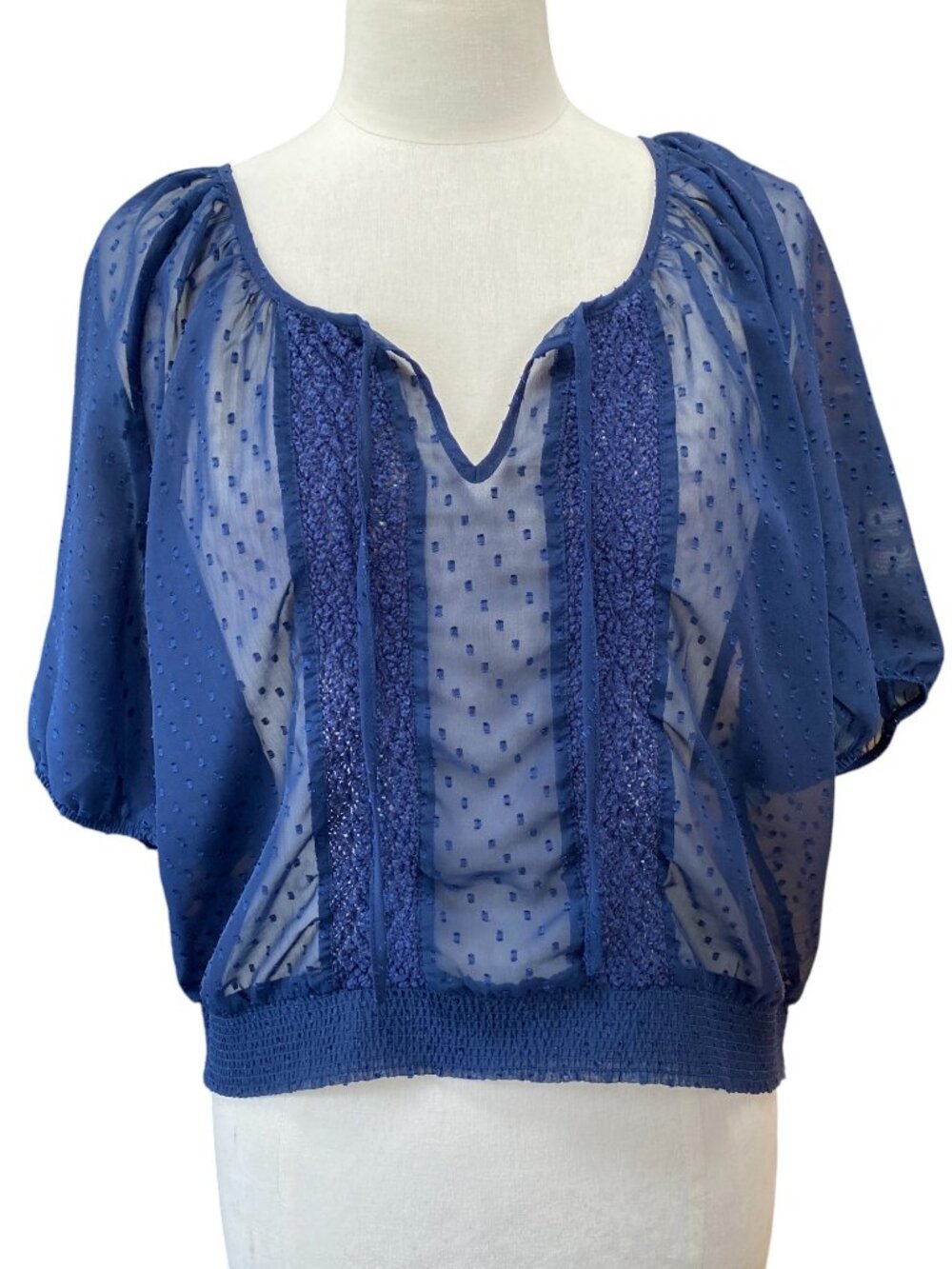 Maurices Sheer Crochet Lace Trim Swiss Dot Top Blue Popover Boho Fairy Grunge-XL